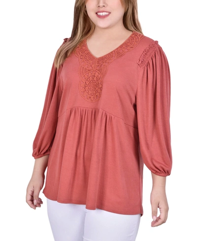 Ny Collection Plus Size 3/4 Sleeve Knit Gauze Top In Rococco Red