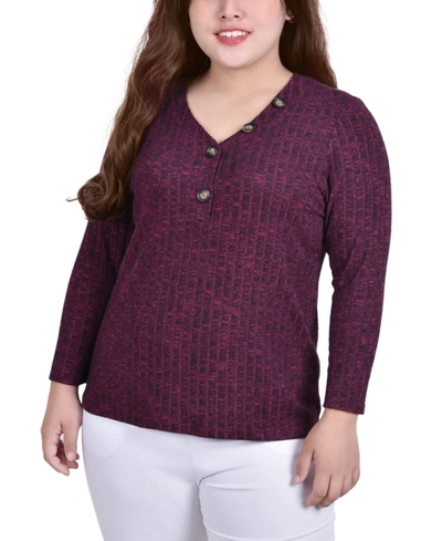 Ny Collection Women's Long Sleeve Ribbed Henley Top In Wine