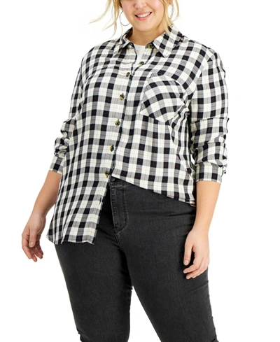 Love, Fire Plus Size Raw Hem Plaid Button-down Top In Black,white Plaid