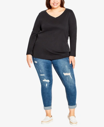 Avenue Plus Size V Neck Essential Long Sleeve T-shirt In Black