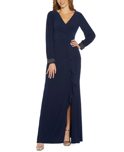 Adrianna Papell Plus Size Long Sleeve Jersey Gown In Midnight
