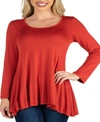 24seven Comfort Apparel Long Sleeve Solid Color Swing Style Flared Tunic Top In Rust