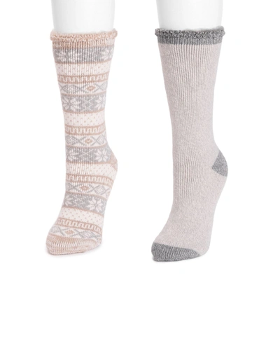 Muk Luks Women's 2-pair Heat Retainer Socks Set In Gray/tan