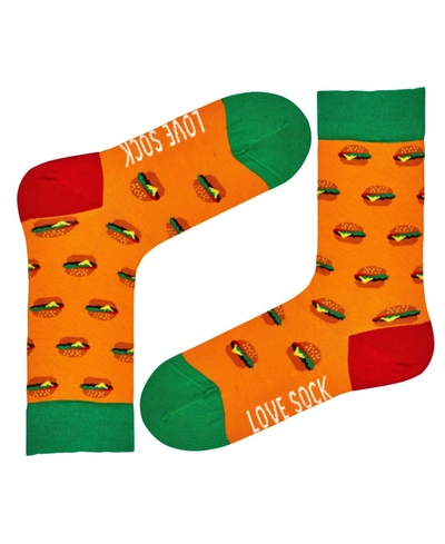 Love Sock Company Burger Novelty Organic Cotton Colorful Fun Novelty Crew Socks In Orange