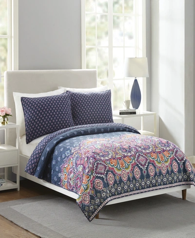 Jessica Simpson Sedona Medallion Twin Quilt Bedding In Dark Blue Ground With Pops Of Ornate Mul