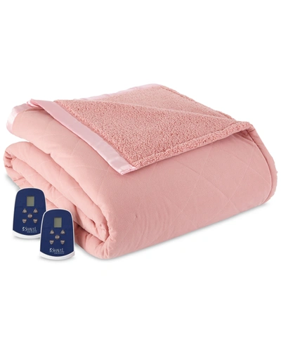 Shavel Reversible Micro Flannel To Sherpa Twin Electric Blanket Bedding In Frosted Rose