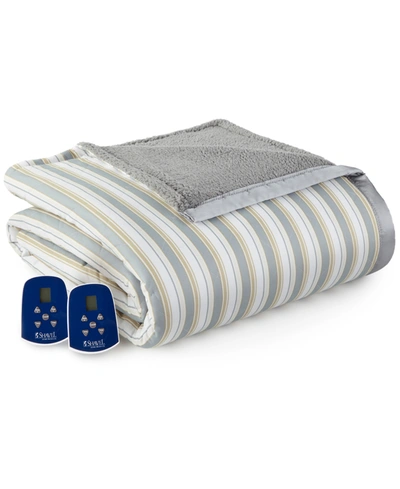 Shavel Reversible Micro Flannel To Sherpa Twin Electric Blanket Bedding In Metro Stripe