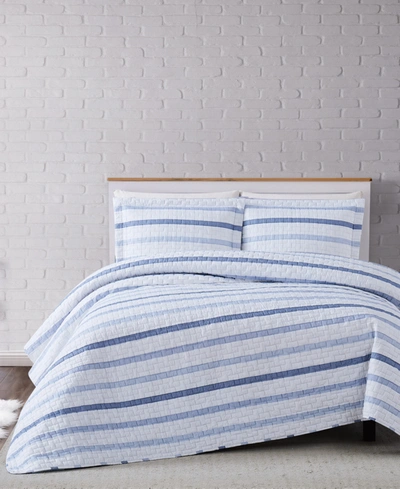 Truly Soft Waffle Stripe Twin Xl Quilt Set In Blue