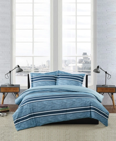 London Fog Mitchell Stripe 3 Piece Duvet Cover Set, Full/queen Bedding In Blue