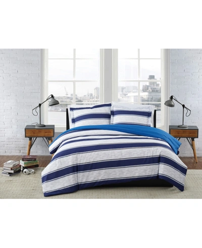 London Fog Watkins Stripe 3 Piece Comforter Set, King Bedding In Blue
