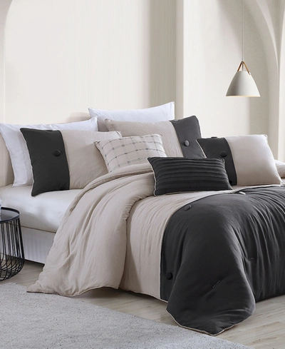 Onyx House Tillman Enzyme 6 Piece Color Block Comforter Set, Queen Bedding In Beige/khaki