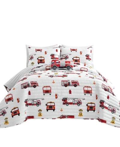 Lush Decor Make A Wish Fire Truck 3 Piece Quilt Set For Kids, Twin Bedding In Red/white