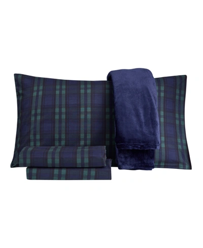 Jessica Sanders Holiday Microfiber 5 Pc Full Sheet Set With Throw Bedding In Navy Plaid