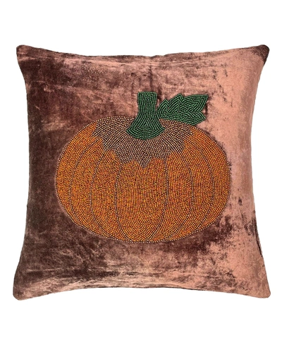 Mod Lifestyles Pumpkin Velvet Beaded Embroidery Harvest Decorative Pillow, 18" Square In Rust