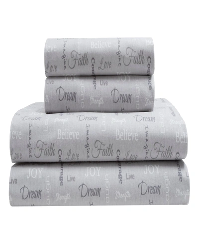 Elite Home Inspirational Flannel 4 Piece Sheet Set, Queen Bedding In Charcoal