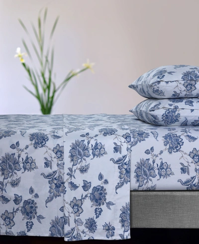 Tribeca Living Ayana Floral Flannel Extra Deep Pocket 4 Piece Sheet Set, Queen In Deep Blue