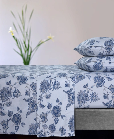 Tribeca Living Ayana Floral 170-gsm Flannel Extra Deep Pocket 3 Piece Sheet Set, Twin In Deep Blue