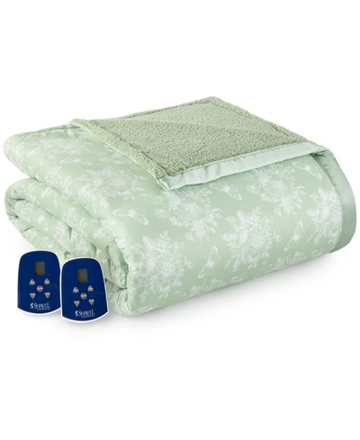 Shavel Reversible Micro Flannel To Sherpa Twin Electric Blanket Bedding In Toile Celadon