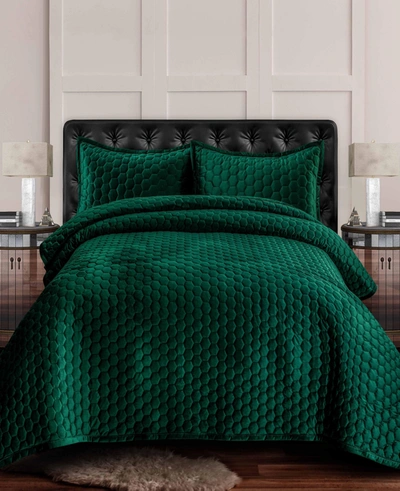 Tribeca Living Lugano Honeycomb Velvet Oversized Solid 3 Piece Quilt Set, Queen In Dark Green