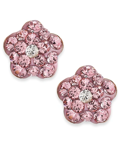 Macy's Kids' Children's Pink Crystal Flower Stud Earrings In 14k Gold
