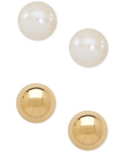 Macy's Kids' Children's 2-pc Set Cultured Freshwater Pearl (3-3/4mm) And Gold Ball Earring Set In 14k Gold