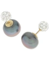 MACY'S DYED BLACK CULTURED FRESHWATER PEARL (11MM) AND CRYSTAL PAVE BALL FRONT AND BACK EARRINGS IN 14K GOL