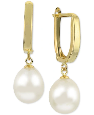 Macy's Cultured Freshwater Pearl (9mm) Leverback Drop Earrings In 14k Gold In Yellow Gold