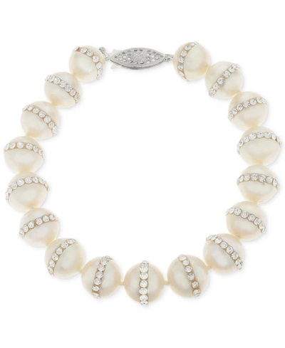 Macy's Cultured Freshwater Pearl (9.5mm) And Crystal Bracelet In Silver