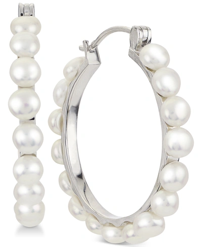 Macy's Cultured Button Freshwater Pearl (4mm) Hoop Earrings In Sterling Silver
