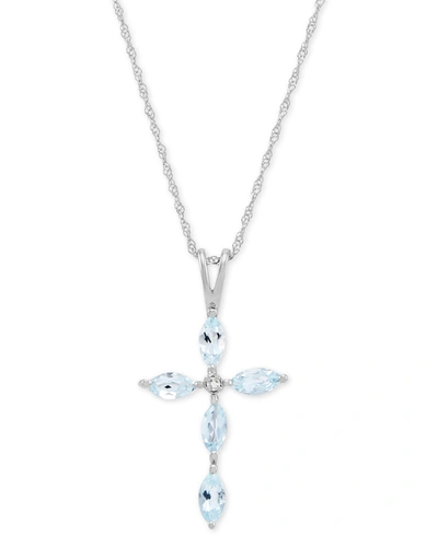 Macy's Gemstone & Diamond Accent Cross 18" Pendant Necklace In 14k White Gold In Aquamarine