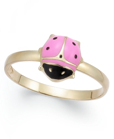 Macy's Kids' Children's Pink And Black Epoxy Ladybug Ring In 14k Gold