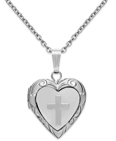 Macy's Children's Mother Of Pearl Cross And Heart Locket In Sterling Silver (1/5 Ct. T.w.)