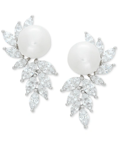 Arabella Cultured Freshwater Pearl (10mm) & Cubic Zirconia Drop Earrings In Sterling Silver