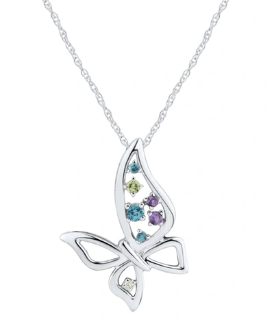 Macy's Multicolor (1/5 Ct. T.w.) & Diamond Accent Openwork Butterfly 18" Pendant Necklace In Sterling Silve In Sterling Silver