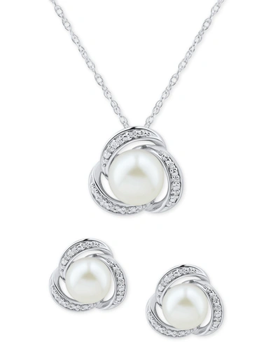 Macy's 2-pc. Set Cultured Freshwater Pearl (7-8mm) & Diamond (1/20 Ct. T.w.) Love Knot Pendant Necklace & M In White
