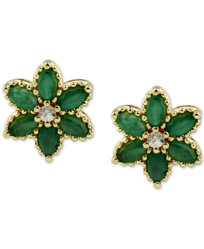 Macy's Ruby (1-1/10 Ct. T.w.) & White Topaz (1/10 Ct. T.w.) Flower Stud Earrings In 14k Gold-plated Sterlin In Green