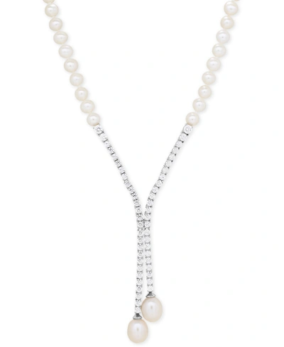 Arabella Cultured Freshwater Pearl (5mm & 10 X 8mm) & Cubic Zirconia Lariat Necklace In Sterling Silver, Crea