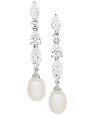 Arabella Cultured Freshwater Pearl (9 X 7mm) & Cubic Zirconia Drop Earrings In Sterling Silver, Created For M