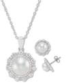 Macy's 2-pc. Set Cultured Freshwater Pearl (7mm & 9mm) Cubic Zirconia Pendant Necklace & Matching Stud Earr In Sterling Silver