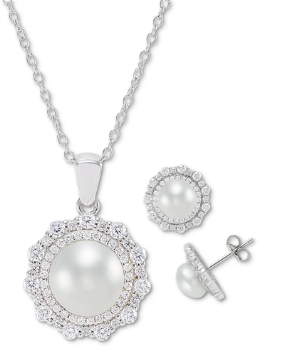 Macy's 2-pc. Set Cultured Freshwater Pearl (7mm & 9mm) Cubic Zirconia Pendant Necklace & Matching Stud Earr In Sterling Silver