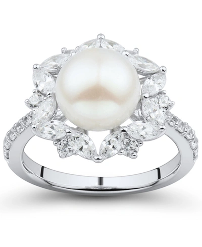 Arabella Cultured Freshwater Pearl (9mm) & Cubic Zirconia Halo Ring In Sterling Silver