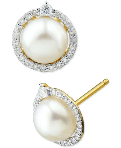 Honora Cultured Freshwater Pearl (6mm) & Diamond (1/6 Ct. T.w.) Halo Stud Earrings In 14k White Gold In Yellow Gold