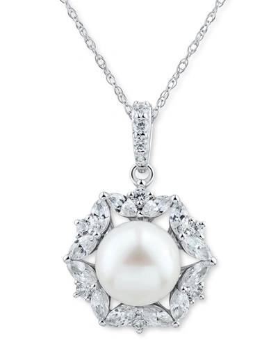 Arabella Cultured Freshwater Pearl (9mm) & Cubic Zirconia Halo 18" Pendant Necklace In Sterling Silver