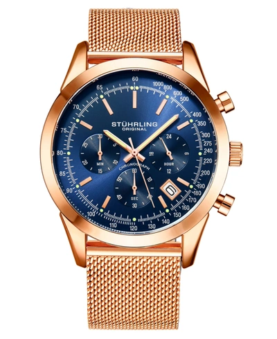 Stuhrling Men's Quartz Chronograph Date Rose Gold-tone Stainless Steel Mesh Bracelet Watch 44mm In Blue