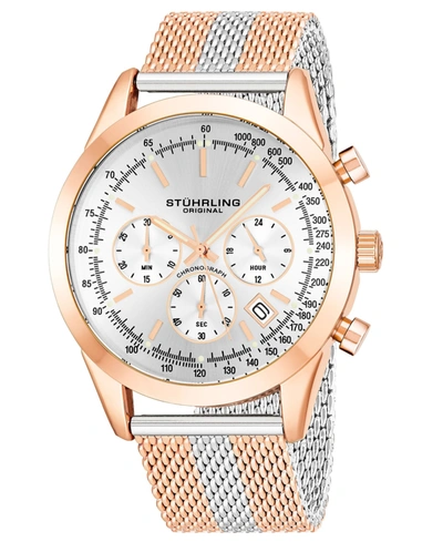 Stuhrling Men's Quartz Chronograph Date Rose Gold-tone And Silver-tone Stainless Steel Mesh Bracelet Watch 44m In White