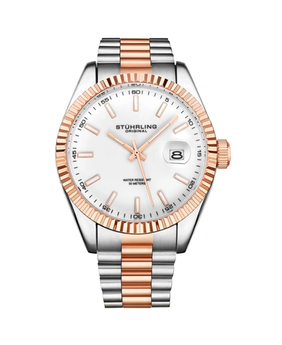 Stuhrling Men's Silver-tone And Rose Gold-tone Stainless Steel Link Bracelet Watch 42mm In White