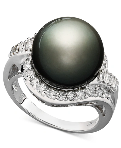 Macy's 14k White Gold Ring, Cultured Tahitian Pearl (12mm) And Diamond (5/8 Ct. T.w.) Ring