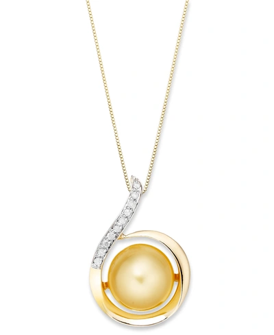 Macy's 14k Gold Necklace, Golden South Sea Pearl (11mm) And Diamond (1/10 Ct. T.w.) Swirl Pendant