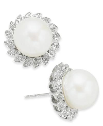 Macy's Cultured Freshwater Pearl (10mm) & Diamond (1/4 Ct. T.w.) Halo Stud Earrings In 10k White Gold