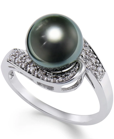 Macy's Cultured Tahitian Black Pearl (9mm) And Diamond (1/10ct. T.w.) Swirl Ring In 14k White Gold